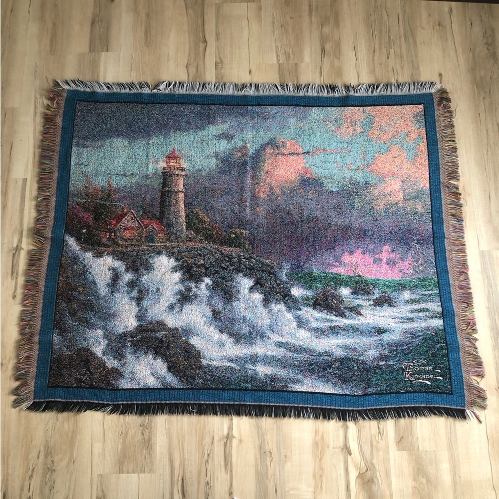 Thomas Kinkade Coastal Lighthouse Tapestry Blanket - Blue and Pink
